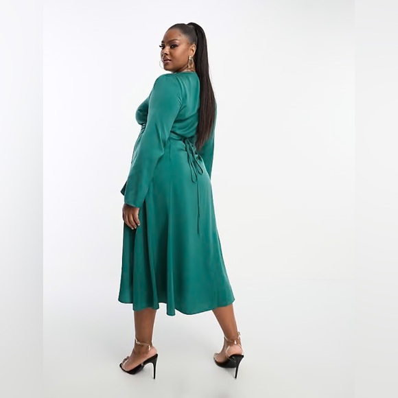 ASOS Curve Teal Satin Wrap Dress - Picture 3 of 6